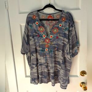 Johnny Was Floral Embroidered Gray Top